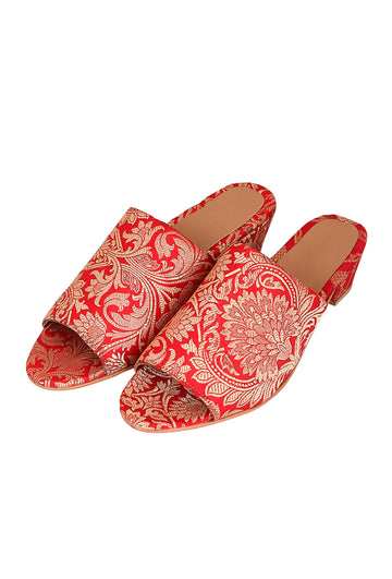 Rose Red Brocade Block Heels